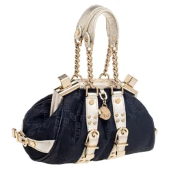 Versace Metallic Gold/Black Signature Canvas And Leather Madonna Satchel For Women -Versace Official Website luxury women versace used handbags p615301 012