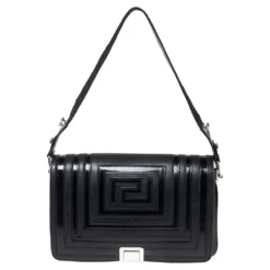 Versace Black Quilted Patent And Leather Flap Shoulder Bag For Women