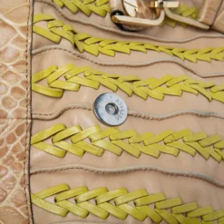 Versace Beige & Yellow Leather And Croc Embossed Leather Woven Detailed Bowler Bag For Women -Versace Official Website luxury women versace used handbags p618742 002