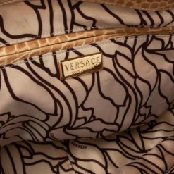 Versace Beige & Yellow Leather And Croc Embossed Leather Woven Detailed Bowler Bag For Women -Versace Official Website luxury women versace used handbags p618742 006