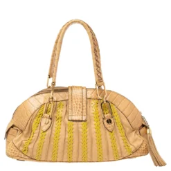 Versace Beige & Yellow Leather And Croc Embossed Leather Woven Detailed Bowler Bag For Women -Versace Official Website luxury women versace used handbags p618742 009