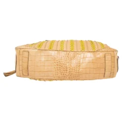 Versace Beige & Yellow Leather And Croc Embossed Leather Woven Detailed Bowler Bag For Women -Versace Official Website luxury women versace used handbags p618742 010