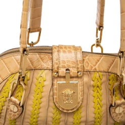 Versace Beige & Yellow Leather And Croc Embossed Leather Woven Detailed Bowler Bag For Women -Versace Official Website luxury women versace used handbags p618742 014