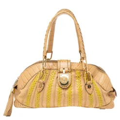 Versace Beige & Yellow Leather And Croc Embossed Leather Woven Detailed Bowler Bag For Women