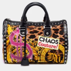Versace Multicolor Archival Print Canvas And Leather Chaos Couture Studded Boston Bag For Women