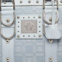 Versace Light Blue Fabric And Leather Madonna Satchel For Women -Versace Official Website luxury women versace used handbags p635507 008