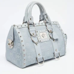 Versace Light Blue Fabric And Leather Madonna Satchel For Women -Versace Official Website luxury women versace used handbags p635507 009