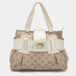 Versace Gold Signature Fabric And Leather Medusa Buckle Satchel For Women