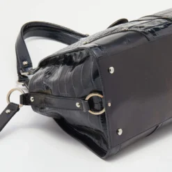 Versace Navy Blue/Black Croc Embossed Patent Leather And Coated Canvas Medusa Buckle Satchel For Women -Versace Official Website luxury women versace used handbags p645459 001