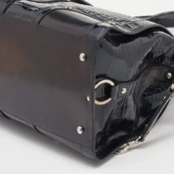 Versace Navy Blue/Black Croc Embossed Patent Leather And Coated Canvas Medusa Buckle Satchel For Women -Versace Official Website luxury women versace used handbags p645459 002