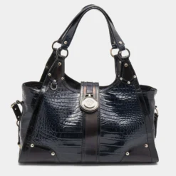 Versace Navy Blue/Black Croc Embossed Patent Leather And Coated Canvas Medusa Buckle Satchel For Women
