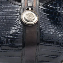 Versace Navy Blue/Black Croc Embossed Patent Leather And Coated Canvas Medusa Buckle Satchel For Women -Versace Official Website luxury women versace used handbags p645459 005