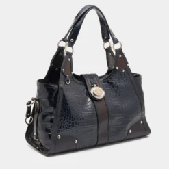 Versace Navy Blue/Black Croc Embossed Patent Leather And Coated Canvas Medusa Buckle Satchel For Women -Versace Official Website luxury women versace used handbags p645459 006