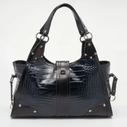 Versace Navy Blue/Black Croc Embossed Patent Leather And Coated Canvas Medusa Buckle Satchel For Women -Versace Official Website luxury women versace used handbags p645459 007