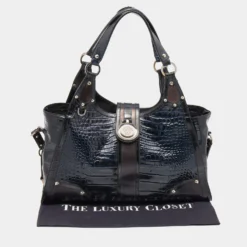 Versace Navy Blue/Black Croc Embossed Patent Leather And Coated Canvas Medusa Buckle Satchel For Women -Versace Official Website luxury women versace used handbags p645459 008