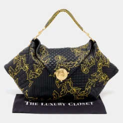Versace Black/Yellow Barocco Leather Floral Stitch Hobo For Women -Versace Official Website luxury women versace used handbags p645868 001