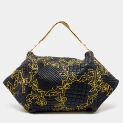 Versace Black/Yellow Barocco Leather Floral Stitch Hobo For Women -Versace Official Website luxury women versace used handbags p645868 002