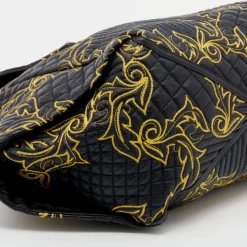 Versace Black/Yellow Barocco Leather Floral Stitch Hobo For Women -Versace Official Website luxury women versace used handbags p645868 007