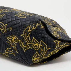 Versace Black/Yellow Barocco Leather Floral Stitch Hobo For Women -Versace Official Website luxury women versace used handbags p645868 008