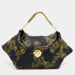 Versace Black/Yellow Barocco Leather Floral Stitch Hobo For Women