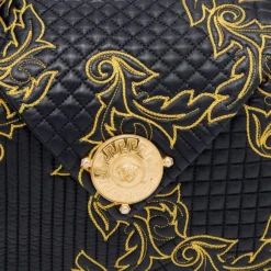 Versace Black/Yellow Barocco Leather Floral Stitch Hobo For Women -Versace Official Website luxury women versace used handbags p645868 010