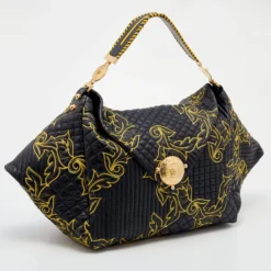 Versace Black/Yellow Barocco Leather Floral Stitch Hobo For Women -Versace Official Website luxury women versace used handbags p645868 011
