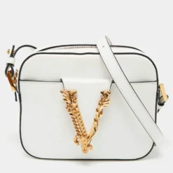 Versace White Leather Virtus Crossbody Bag For Women