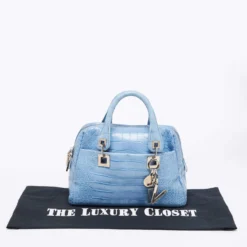 Versace Blue Croc Embossed Leather Zip Satchel For Women -Versace Official Website luxury women versace used handbags p652032 001