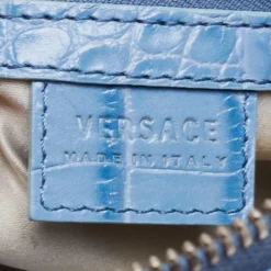 Versace Blue Croc Embossed Leather Zip Satchel For Women -Versace Official Website luxury women versace used handbags p652032 006