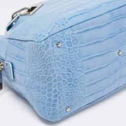 Versace Blue Croc Embossed Leather Zip Satchel For Women -Versace Official Website luxury women versace used handbags p652032 009