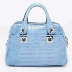 Versace Blue Croc Embossed Leather Zip Satchel For Women -Versace Official Website luxury women versace used handbags p652032 010