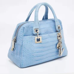 Versace Blue Croc Embossed Leather Zip Satchel For Women -Versace Official Website luxury women versace used handbags p652032 011