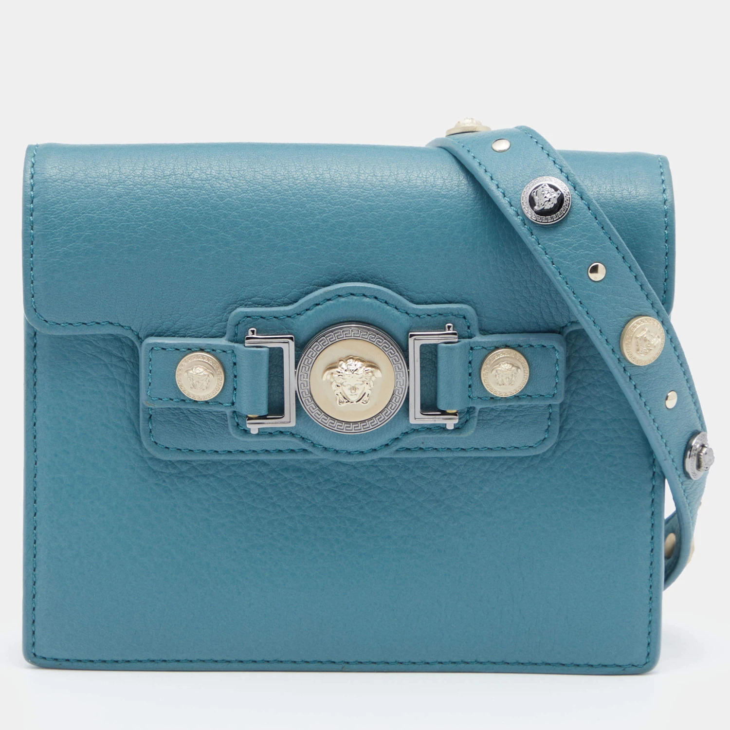 Versace Blue Leather Medusa Buckle Flap Crossbody Bag For Women 1 Versace Blue Leather Medusa Buckle Flap Crossbody Bag For Women
