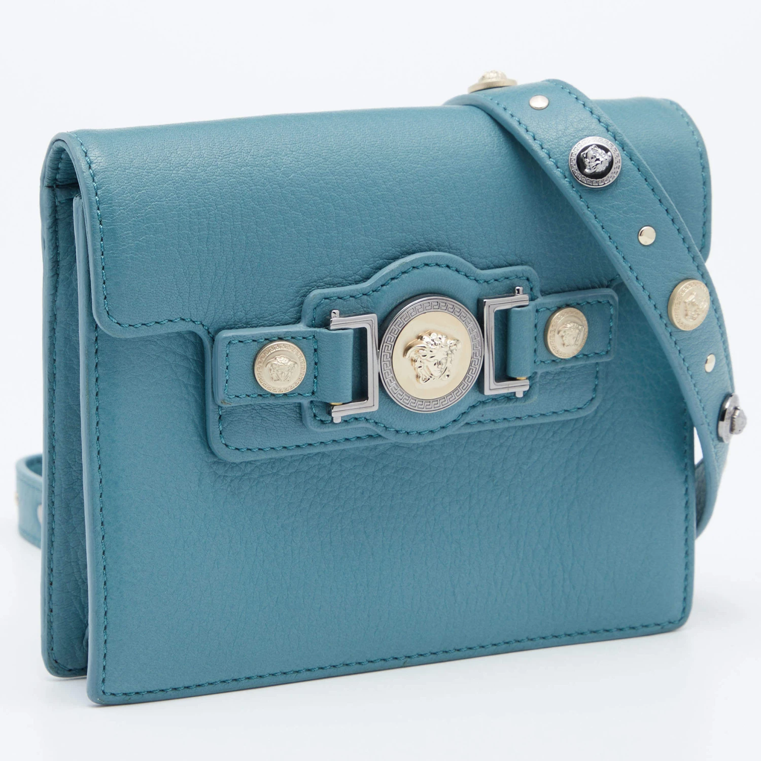Versace Blue Leather Medusa Buckle Flap Crossbody Bag For Women 3 Versace Blue Leather Medusa Buckle Flap Crossbody Bag For Women - Image 3