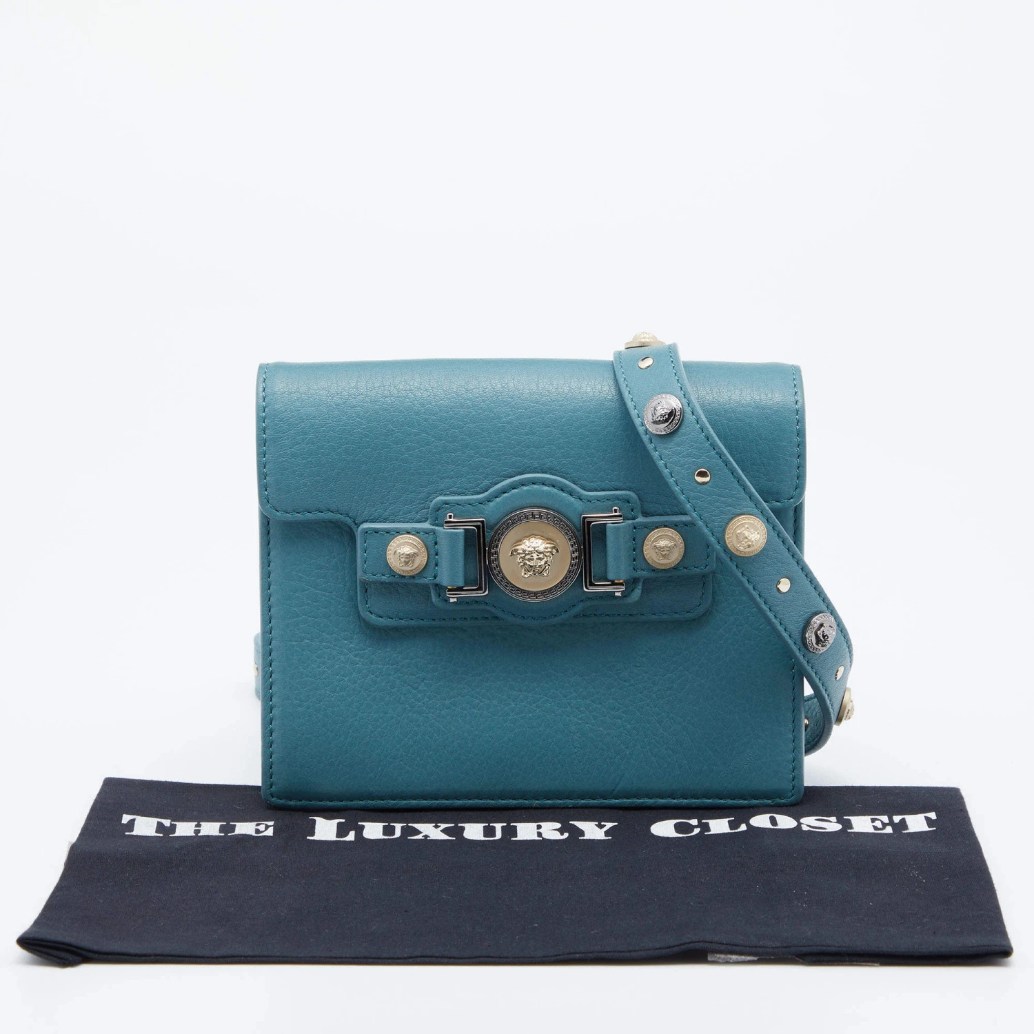 Versace Blue Leather Medusa Buckle Flap Crossbody Bag For Women 9 Versace Blue Leather Medusa Buckle Flap Crossbody Bag For Women - Image 9