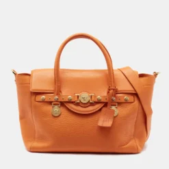 Versace Orange Leather Medusa Medallion Tote For Women