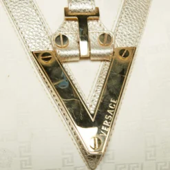 Versace Gold/White Monogram Fabric And Leather V Satchel For Women -Versace Official Website luxury women versace used handbags p668197 001