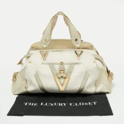 Versace Gold/White Monogram Fabric And Leather V Satchel For Women -Versace Official Website luxury women versace used handbags p668197 003