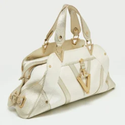 Versace Gold/White Monogram Fabric And Leather V Satchel For Women -Versace Official Website luxury women versace used handbags p668197 006