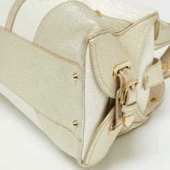 Versace Gold/White Monogram Fabric And Leather V Satchel For Women -Versace Official Website luxury women versace used handbags p668197 014