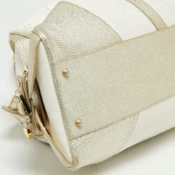 Versace Gold/White Monogram Fabric And Leather V Satchel For Women -Versace Official Website luxury women versace used handbags p668197 015