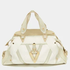 Versace Gold/White Monogram Fabric And Leather V Satchel For Women