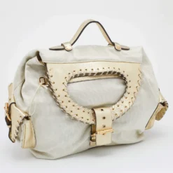 Versace Metallic Light Beige/Gold Technical Fabric And Leather Satchel For Women -Versace Official Website luxury women versace used handbags p669667 003