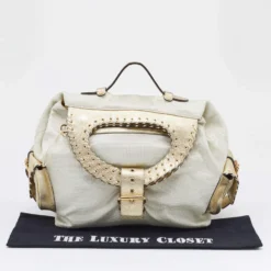Versace Metallic Light Beige/Gold Technical Fabric And Leather Satchel For Women -Versace Official Website luxury women versace used handbags p669667 004