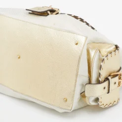 Versace Metallic Light Beige/Gold Technical Fabric And Leather Satchel For Women -Versace Official Website luxury women versace used handbags p669667 005