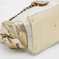 Versace Metallic Light Beige/Gold Technical Fabric And Leather Satchel For Women -Versace Official Website luxury women versace used handbags p669667 008