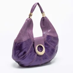 Versace Purple Snakeskin And Leather Crystal Embellished Flap Hobo For Women -Versace Official Website luxury women versace used handbags p670639 008