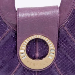 Versace Purple Snakeskin And Leather Crystal Embellished Flap Hobo For Women -Versace Official Website luxury women versace used handbags p670639 010