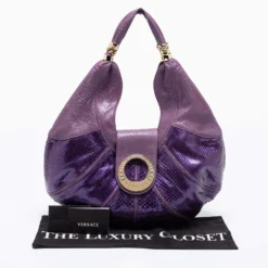 Versace Purple Snakeskin And Leather Crystal Embellished Flap Hobo For Women -Versace Official Website luxury women versace used handbags p670639 012