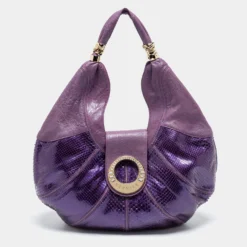 Versace Purple Snakeskin And Leather Crystal Embellished Flap Hobo For Women
